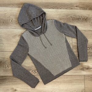 Athleta Small Extra Fine Merino Wool Striped Hoodie Heathered Brown